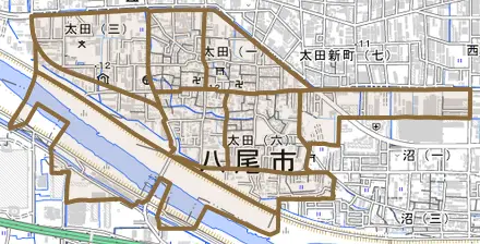 太田とその周辺の地図。町の範囲を重ねている