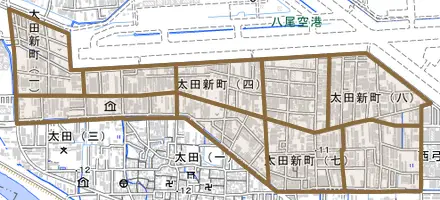 太田新町とその周辺の地図。町の範囲を重ねている