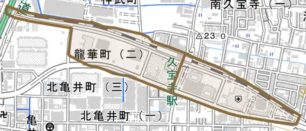 龍華町とその周辺の地図。町の範囲を重ねている