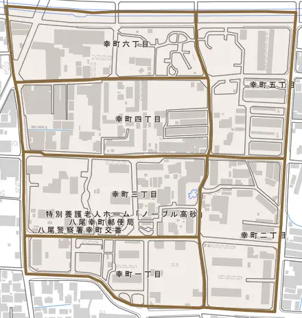 幸町とその周辺の地図。町の範囲を重ねている