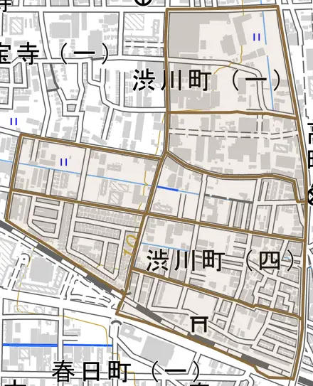 渋川町とその周辺の地図。町の範囲を重ねている