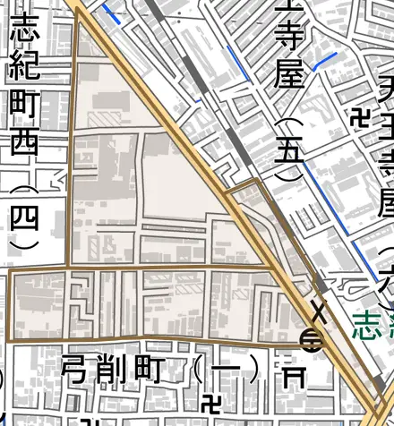 志紀町とその周辺の地図。町の範囲を重ねている
