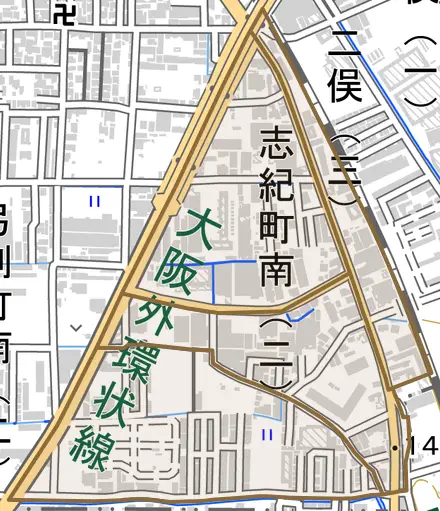志紀町南とその周辺の地図。町の範囲を重ねている