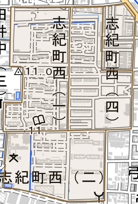 志紀町西とその周辺の地図。町の範囲を重ねている