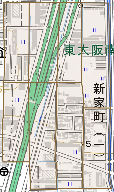新家町とその周辺の地図。町の範囲を重ねている