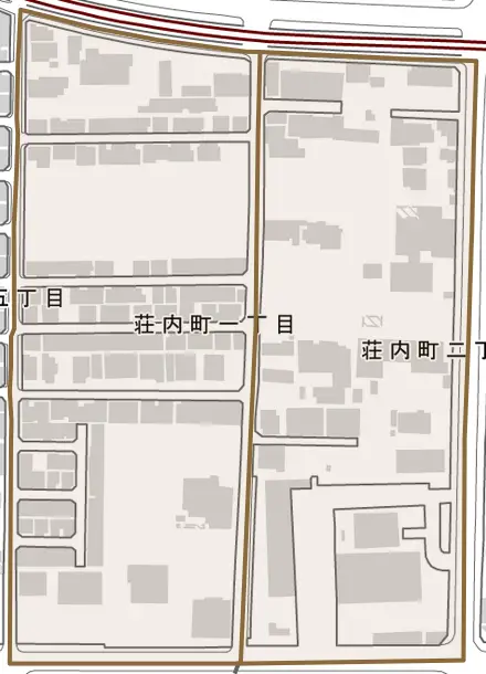 荘内町とその周辺の地図。町の範囲を重ねている