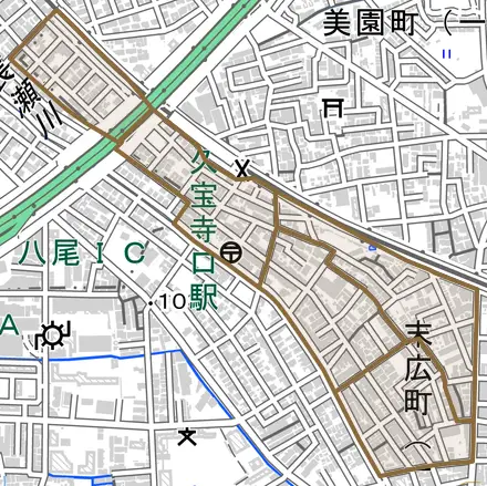 末広町とその周辺の地図。町の範囲を重ねている