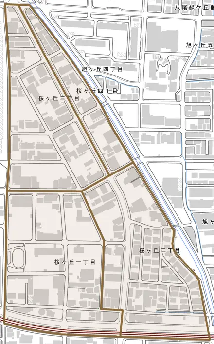 桜ヶ丘とその周辺の地図。町の範囲を重ねている