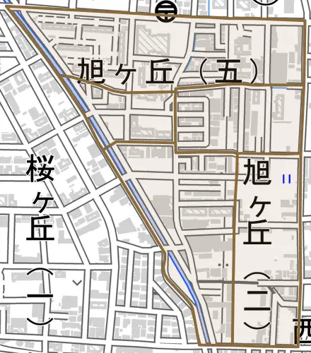 旭ヶ丘とその周辺の地図。町の範囲を重ねている