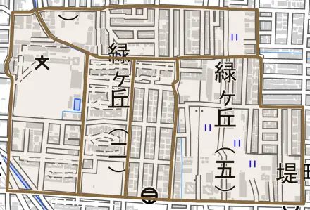 緑ヶ丘とその周辺の地図。町の範囲を重ねている