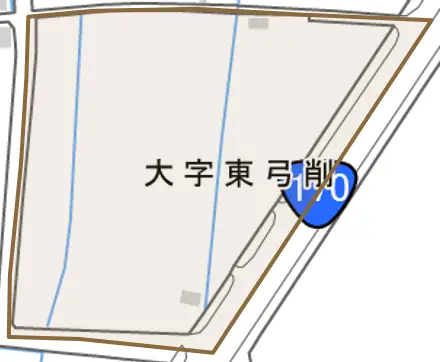 大字東弓削とその周辺の地図。町の範囲を重ねている