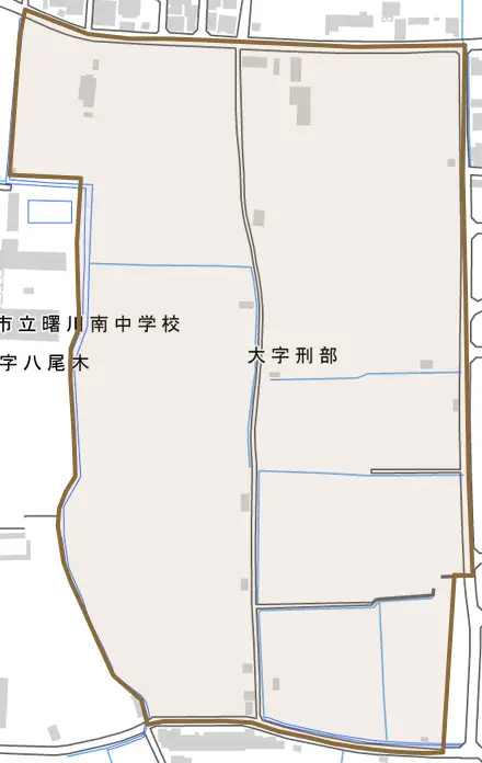 大字刑部とその周辺の地図。町の範囲を重ねている