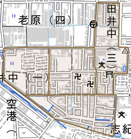 田井中とその周辺の地図。町の範囲を重ねている