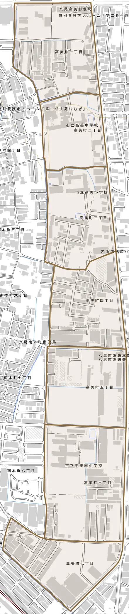 高美町とその周辺の地図。町の範囲を重ねている