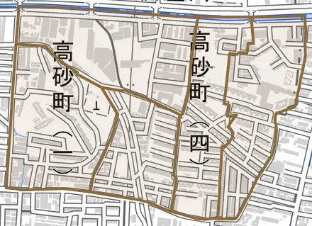 高砂町とその周辺の地図。町の範囲を重ねている