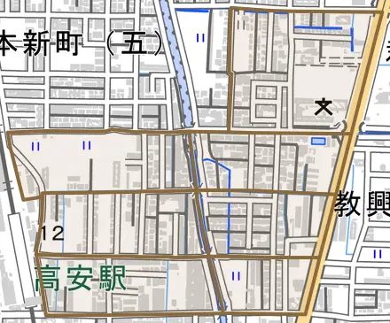高安町北とその周辺の地図。町の範囲を重ねている