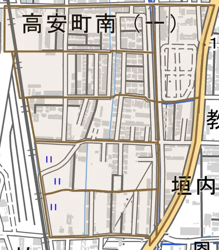 高安町南とその周辺の地図。町の範囲を重ねている