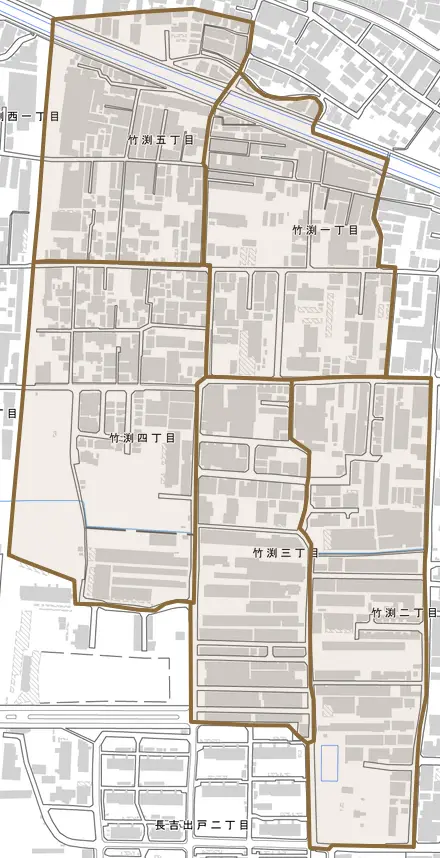 竹渕とその周辺の地図。町の範囲を重ねている