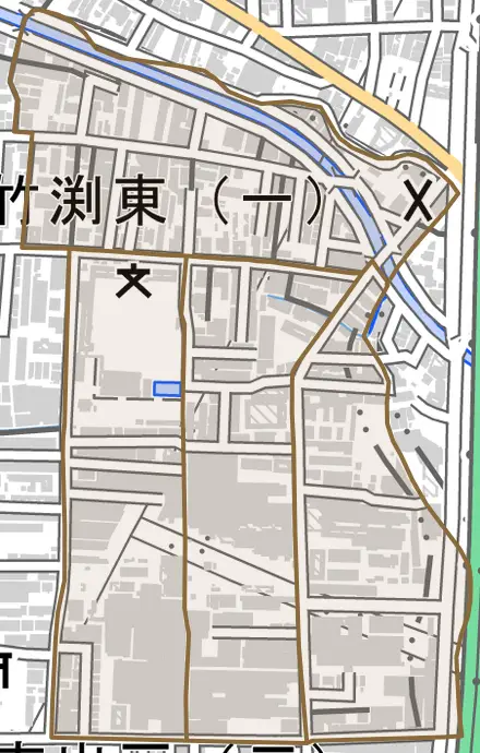 竹渕東とその周辺の地図。町の範囲を重ねている