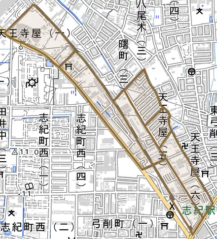 天王寺屋とその周辺の地図。町の範囲を重ねている