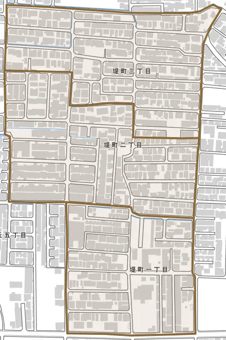 堤町とその周辺の地図。町の範囲を重ねている