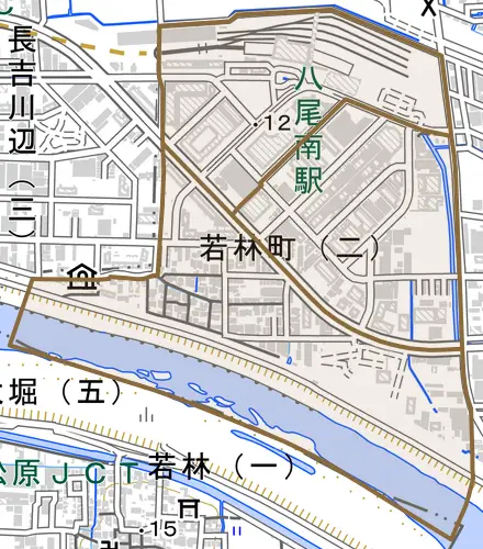 若林町とその周辺の地図。町の範囲を重ねている