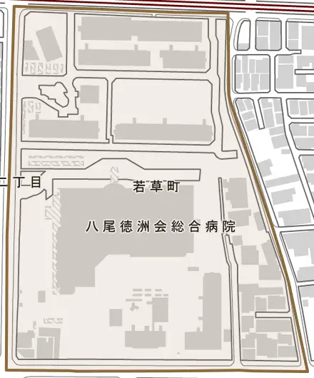 若草町とその周辺の地図。町の範囲を重ねている