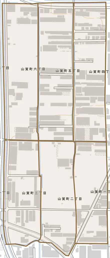 山賀町とその周辺の地図。町の範囲を重ねている