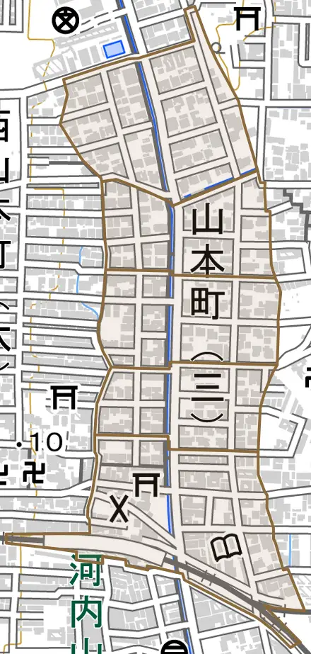 山本町とその周辺の地図。町の範囲を重ねている