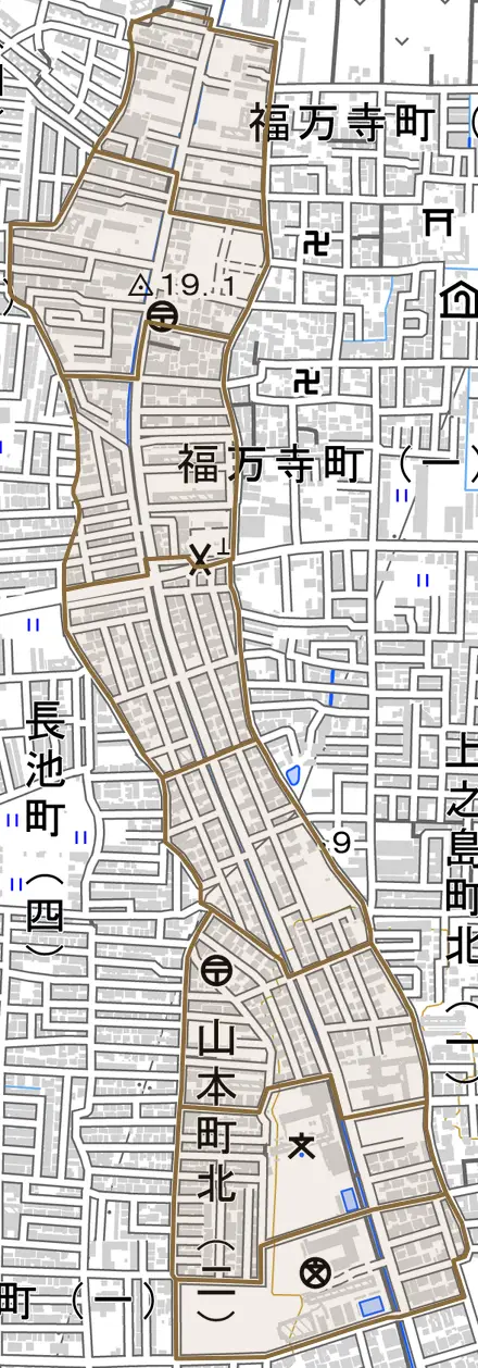 山本町北とその周辺の地図。町の範囲を重ねている