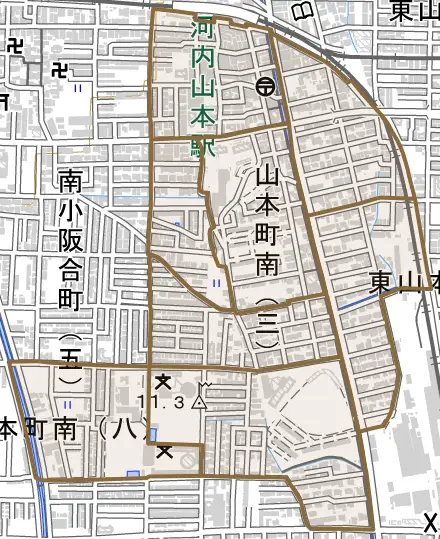 山本町南とその周辺の地図。町の範囲を重ねている