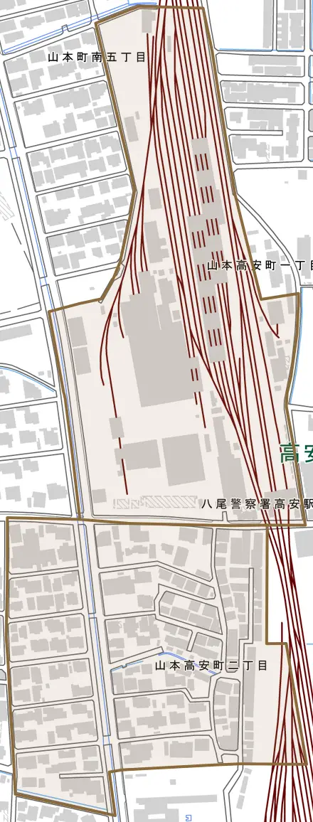 山本高安町とその周辺の地図。町の範囲を重ねている