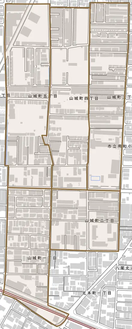 山城町とその周辺の地図。町の範囲を重ねている