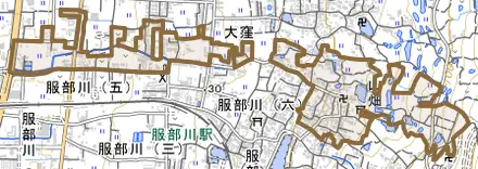 大字山畑とその周辺の地図。町の範囲を重ねている