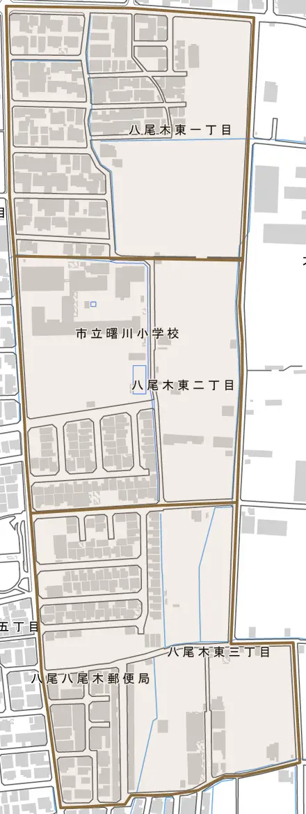 八尾木東とその周辺の地図。町の範囲を重ねている