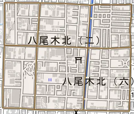八尾木北とその周辺の地図。町の範囲を重ねている
