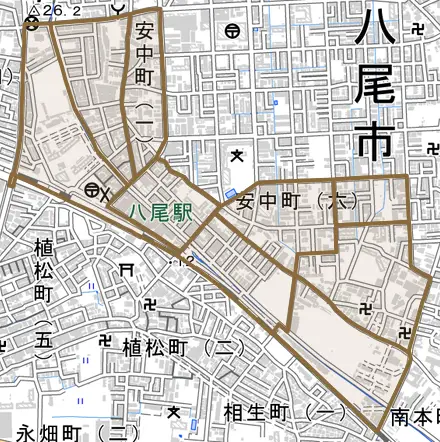 安中町とその周辺の地図。町の範囲を重ねている