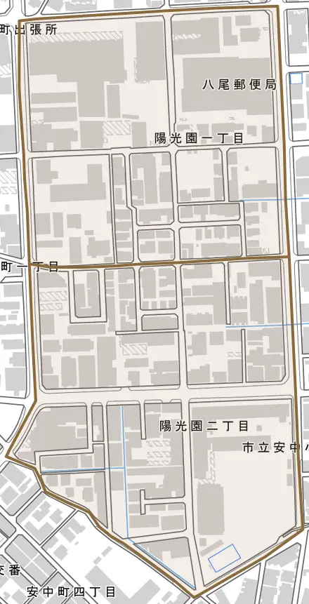陽光園とその周辺の地図。町の範囲を重ねている