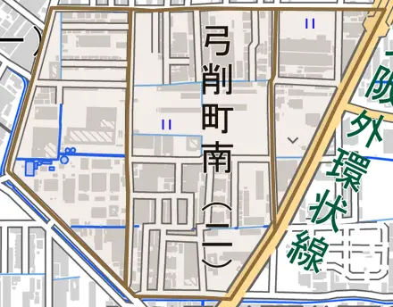 弓削町南とその周辺の地図。町の範囲を重ねている