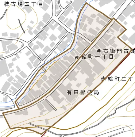 赤絵町とその周辺の地図。町の範囲を重ねている