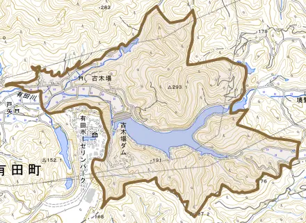 古木場とその周辺の地図。町の範囲を重ねている