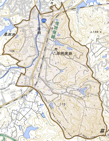 原明とその周辺の地図。町の範囲を重ねている
