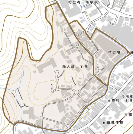 稗古場とその周辺の地図。町の範囲を重ねている
