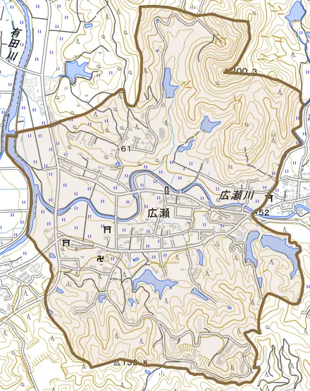 広瀬とその周辺の地図。町の範囲を重ねている