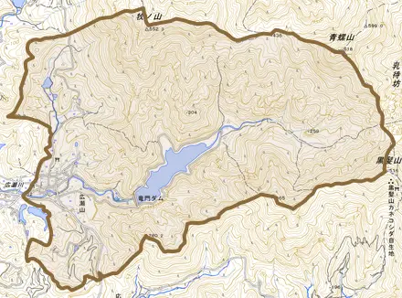 広瀬山とその周辺の地図。町の範囲を重ねている