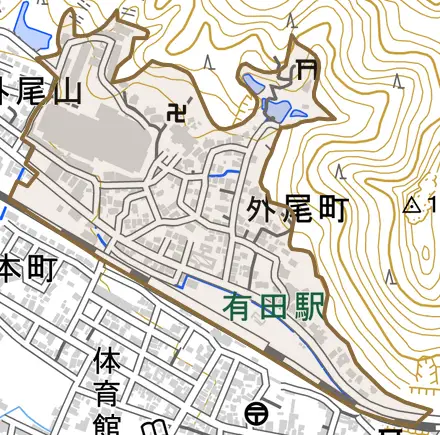 外尾町とその周辺の地図。町の範囲を重ねている