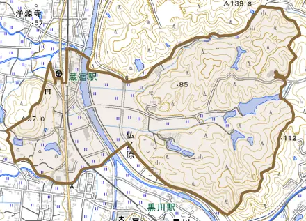 仏ノ原とその周辺の地図。町の範囲を重ねている