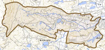 上本とその周辺の地図。町の範囲を重ねている