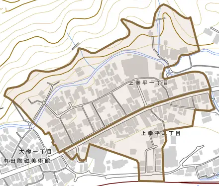 上幸平とその周辺の地図。町の範囲を重ねている