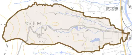 北ノ川内とその周辺の地図。町の範囲を重ねている